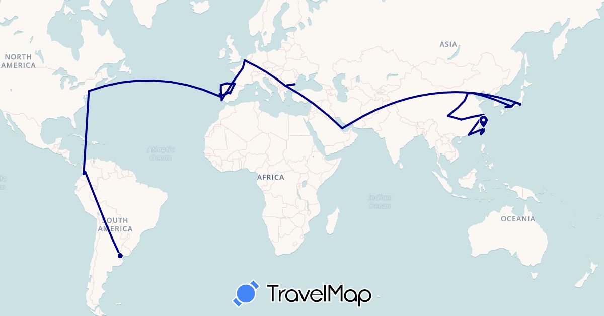 TravelMap itinerary: driving in Argentina, Belgium, Bulgaria, China, Colombia, Spain, France, Japan, Portugal, Qatar, Taiwan, United States (Asia, Europe, North America, South America)